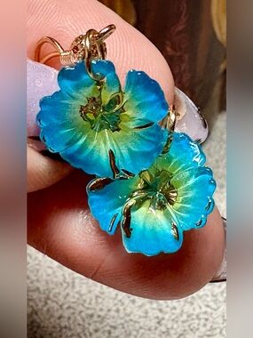 Hand Crafted bright blue Floral Drop Earrings with Gold Accents
